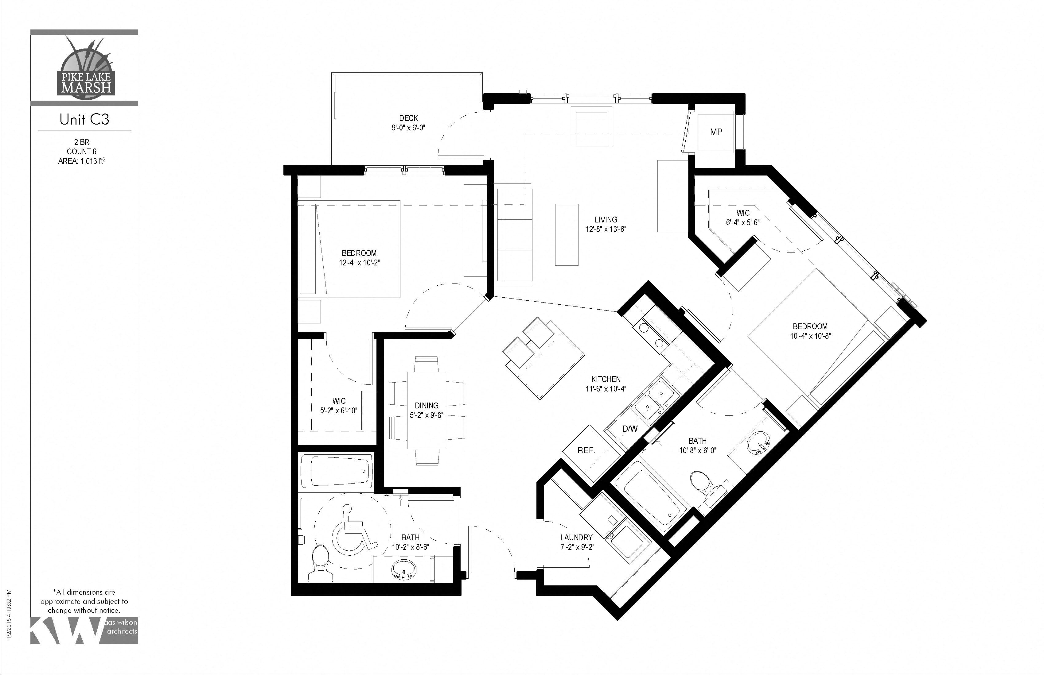 Floor plan for 2 beds, 2 baths, 1013 sqft